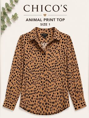 Chico’s Animal Print Button Front Blouse Tan Black Top Size 1